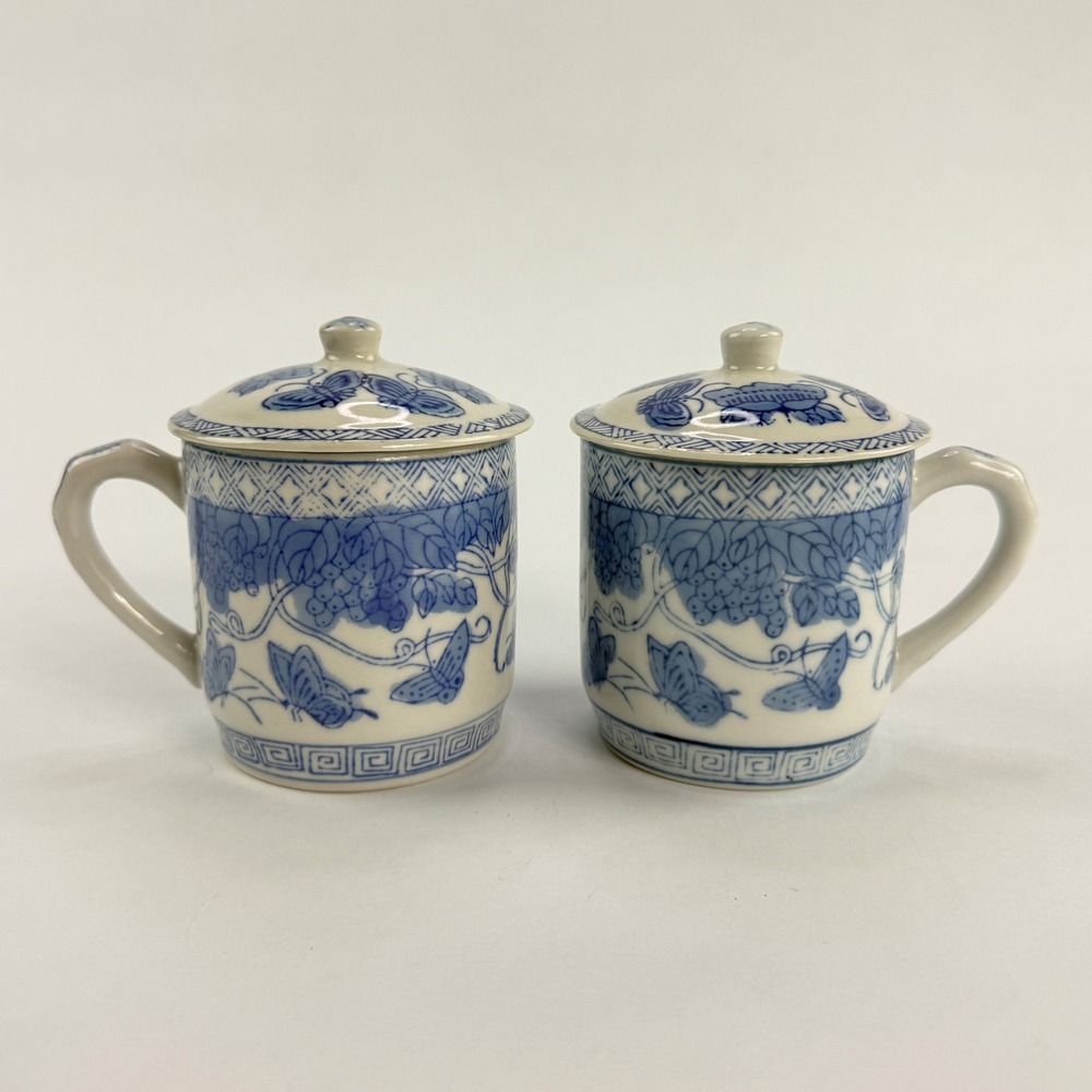 Williams Sonoma Blue and White Porcelain Lidded Tea Mugs Butterfly Grapes Set 2